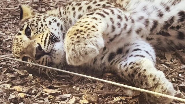 Close up of a leopard lying relaxed on its side, playfully exploring with its paw and looking directly into the camera. Shot in slow motion at the zoo.