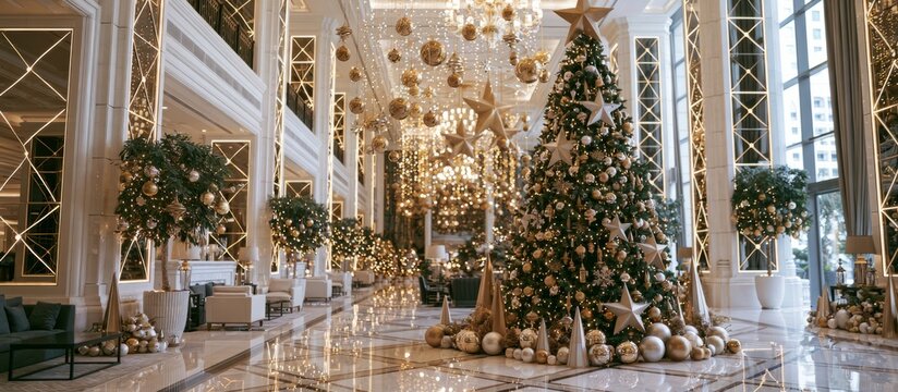 Luxury hotel lobby decorating for christmas holiday season, banner