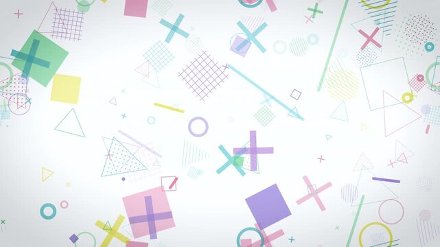 Pastel Memphis-style shapes drift across a bright white canvas in a seamless loop, offering a playful modern backdrop for branding, social media, and creative marketing videos.