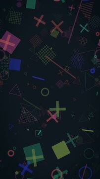 Neon-toned Memphis shapes glow softly against a dark vertical backdrop, drifting in a seamless loop suited for nightlife promos, music visuals, and vibrant social media content