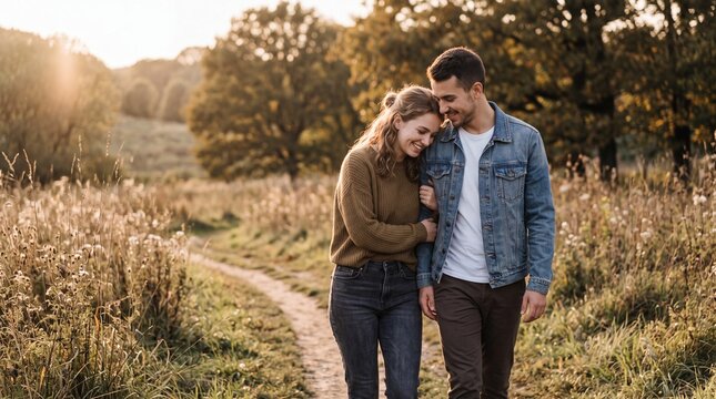 Happy couple walking together outdoors autumn sunlight casual clothing romantic mood nature background love and care smiling faces peaceful countryside path warm atmosphere