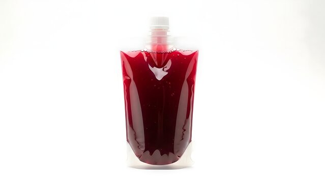 Red berry juice in a plastic pouch with a screw cap