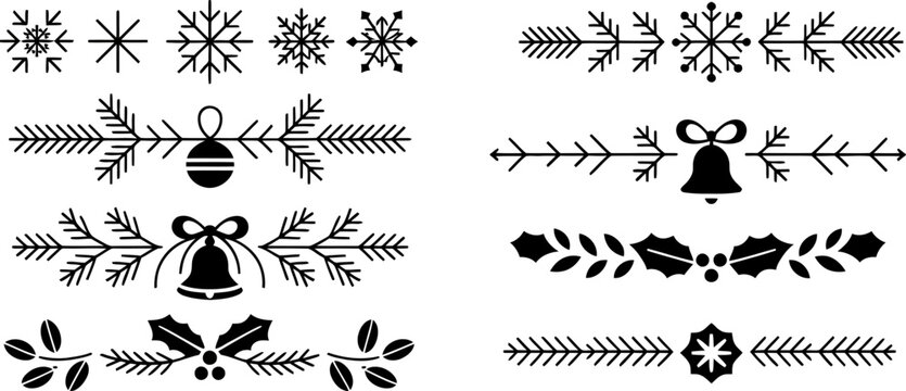 Christmas decorative dividers and festive ornaments set. Pine branches with holly berries, baubles, and bells. Elegant holiday flourish elements, winter seasonal border design, vector silhouette 