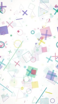 Scattered pastel crosses, squares, and triangles float across a clean vertical canvas in a gentle loop, ideal for mobile-first branding, app promos, and social media stories.