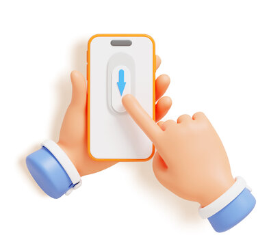3d orange phone in hand, finger touch screen with scroll down arrow button. Mobile app navigation, interface scrolling, download or digital swipe gesture concept isolated on white. 3D illustration