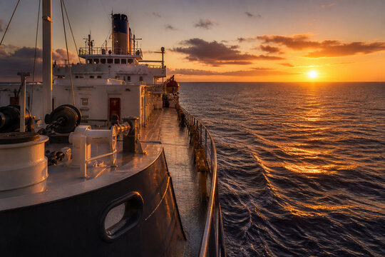Sunset view from a ship's bow along the starboard side, open ocean and horizon.