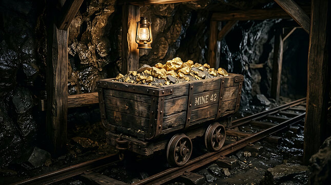 Old mining cart filled with gold nuggets in tunnel.