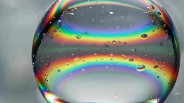 Colorful soap bubble with iridescent surface reflecting light and displaying vibrant rainbow patterns while floating in the air against a blurred background