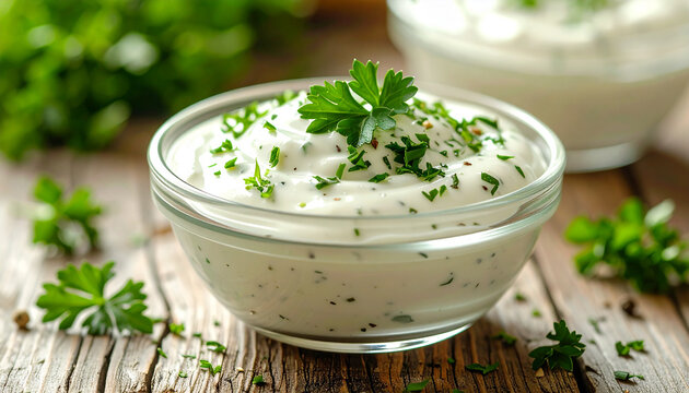 Creamy fresh ranch sauce in small clear glass bowl, finely chopped fresh herbs, smooth aromatic texture, rustic wooden table, appetizing culinary. Close-up.