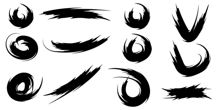 Set of abstract black ink brush strokes and circular shapes isolated on a white background for design