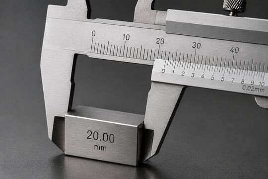 Close-up of a vernier caliper measuring a steel gauge block.
