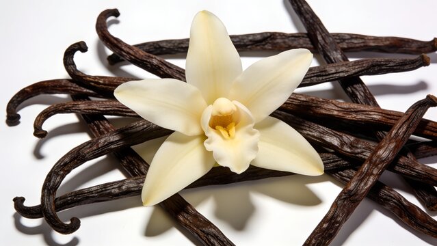 Dried vanilla beans arranged with fresh orchid flowers for premium ingredient photography, culinary arts, food styling, and global agriculture stock representations for natural results