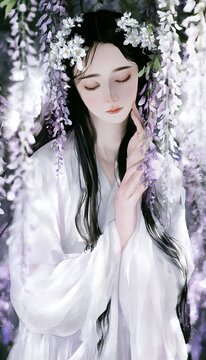 Serene Asian woman in white silk hanfu finds peaceful contemplation amidst wisteria blossoms
