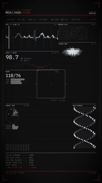 A dark medical HUD overlay shows a live ECG waveform, DNA sequence, vitals, and neuro data in glowing red and white, ideal for sci-fi healthcare content and futuristic tech promos.