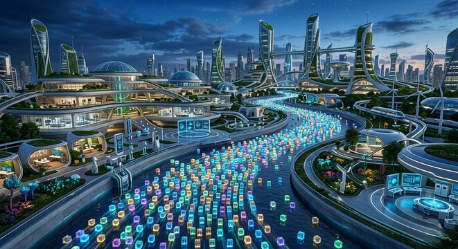 Digital ecosystem in a futuristic metropolis with glowing data cubes, neon bridges, and modern infrastructure