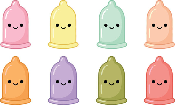 Playful cartoon vector illustration of colorful condom characters with smiling faces for humorous design projects