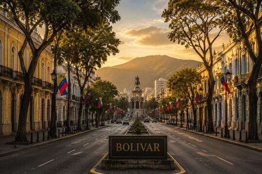 Wide boulevard named Bolivar with historical buildings and flags leading to a monument.