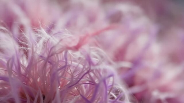 Close-up view of vibrant pink and purple fibers gently swaying in the breeze, showcasing the delicate texture and intricate details of the natural elements in a soft outdoor setting