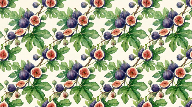 A beautiful watercolor pattern featuring ripe purple figs on branches with green leaves, some figs are sliced open revealing their red interior.