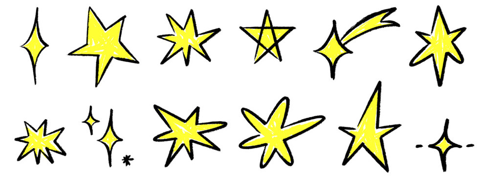 A chalk and crayon star dances across paper. Hand drawn pencil doodles, asterisk figures and snow shapes bloom around another bright crayon star.