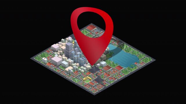 A giant red location pin hovers above a miniature isometric city with skyscrapers and a lake on black, ideal for navigation apps, real estate, and delivery marketing.