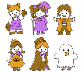 ハロウィンの仮装を楽しむ子供たちのイラストセット・シンプルカラー