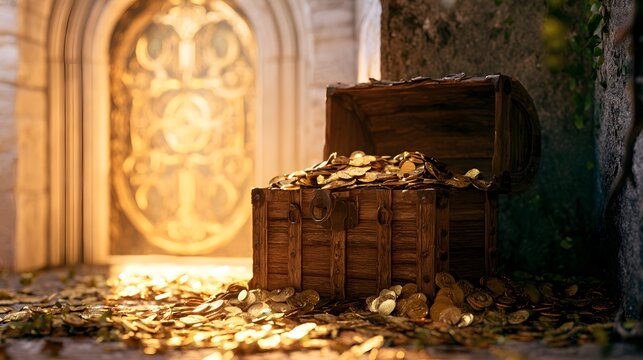 Golden treasure spills from ancient chest in sunlit courtyard a fantasy realism scene of boundless riches
