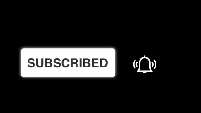 Animated blue subscribe button turning into subscribed with ringing bell notification icon isolated on transparent alpha background
