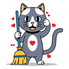 Cute Cat Character Sweeping with Broom Illustration for Cleaning Concept