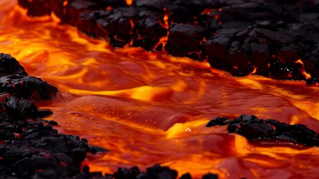 Flowing lava stream with bright orange and yellow hues, surrounded by dark volcanic rock, showcasing the dynamic movement of molten lava in a natural landscape