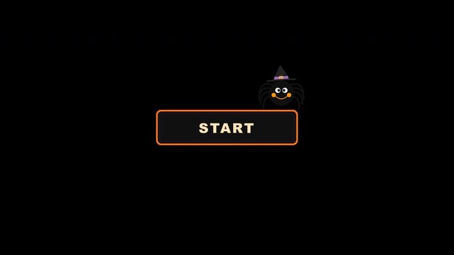 A spooky digital interface featuring a glowing orange start button and a mischievous cartoon witch character wearing a tall pointed hat during a festive holiday celebration for players everywhere