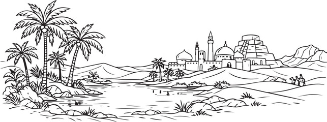 Fototapeta premium Desert oasis with palm trees and distant ancient buildings in panoramic outline vector
