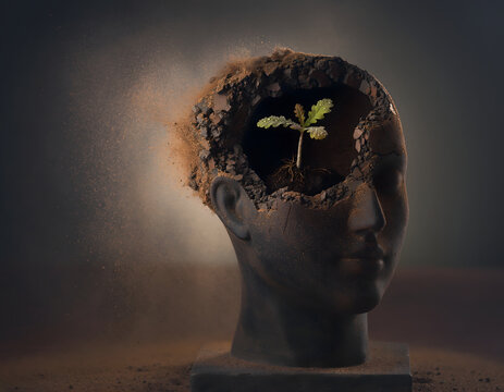 Conceptual Metaphor of Growth and New Ideas Emerging from a Human Head Sculpture, Symbolizing Creativity, Innovation, and Mental Development with a Seedling Sprouting from Soil within a Broken