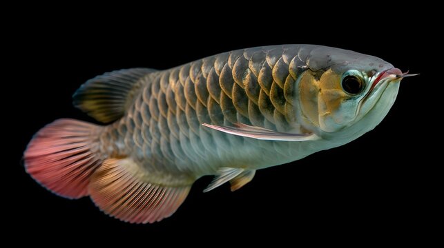 A close up of an arwana fish showcasing its detailed scales and vibrant tail against a black background