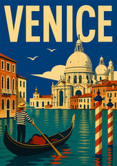 098-46-Gondolier propelling a gondola through a venetian canal with santa maria della salute in background © Lev