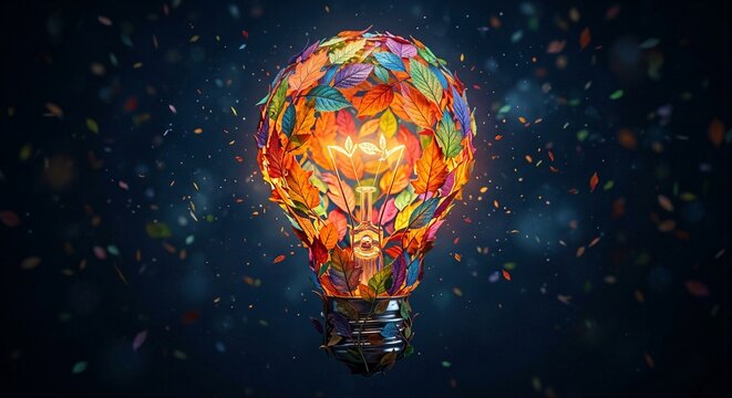 Vibrant light bulb filled with colorful autumn foliage on dark background 