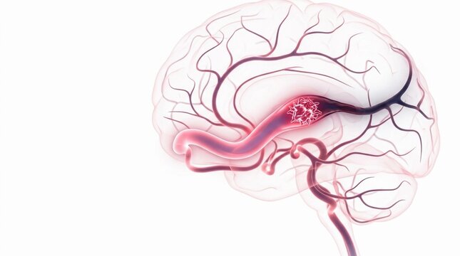 Medical Illustration of Human Brain Anatomy Showing Blood Clot and Stroke in Cerebral Artery