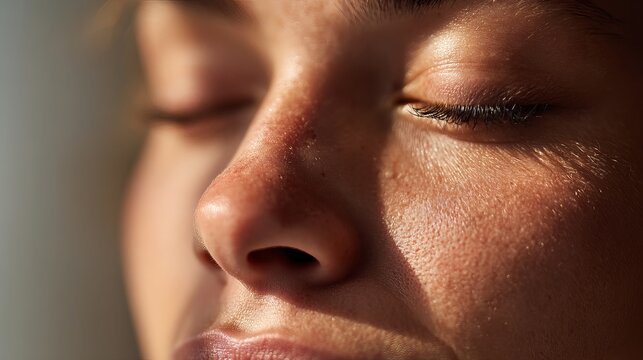 Serene woman with closed eyes experiences warm golden sunlight hitting her smooth glowing skin in this extreme close up portrait