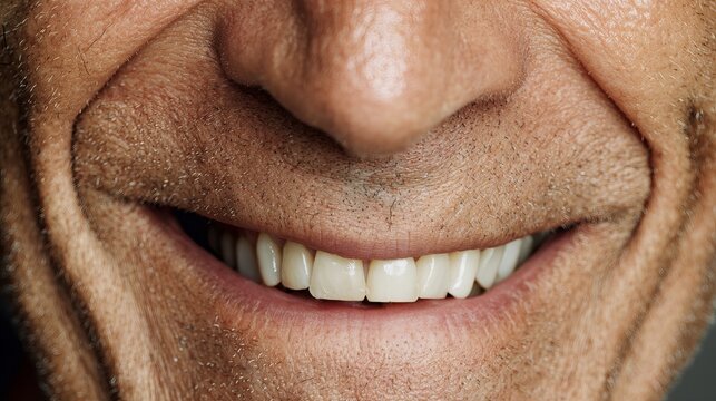 Close up portrait of smiling elderly man showing healthy teeth with detailed skin texture captured in bright natural studio lighting