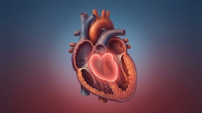 Detailed Human Heart Anatomy Cross-Section Illustration with Glowing Central Heart Shape Symbol