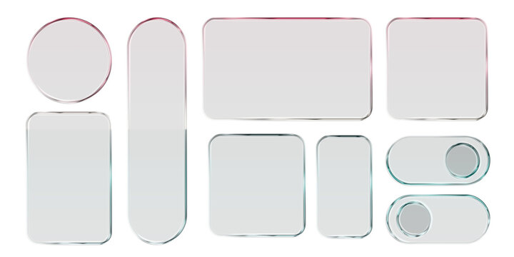 Glass liquid ui button set with transparent 3d effect - rectangle frame box elements in various sizes and proportions, glossy morphism style borders for modern interface design on light background.