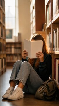 Teenage girl reading a book on a library floor