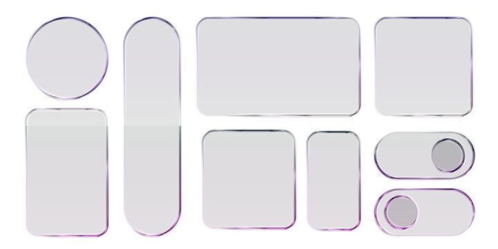 Glass liquid ui button set with transparent 3d effect - rectangle frame box elements in various sizes and proportions, glossy morphism style borders for modern interface design on light background.