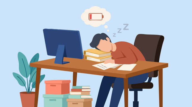 Exhausted Person Sleeping at Desk with Low Battery Icon, Burnout Concept