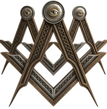 Triple Masonic square and compass emblem with all-seeing eye in vintage metallic 3D style isolated PNG