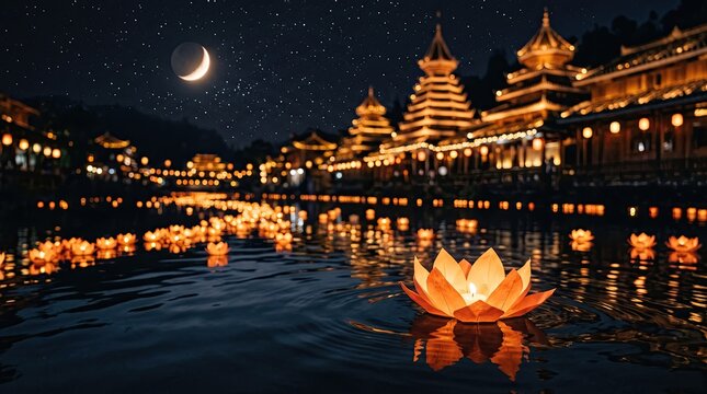 Floating lotus candle lantern on river at night for Ghost Festival