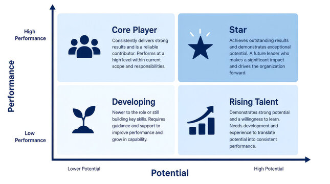 HR performance and potential matrix infographic with four quadrants