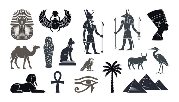 Ancient Egyptian culture silhouette icon set featuring pharaoh scarab anubis pyramids sphinx mummy camel and eye of horus vector