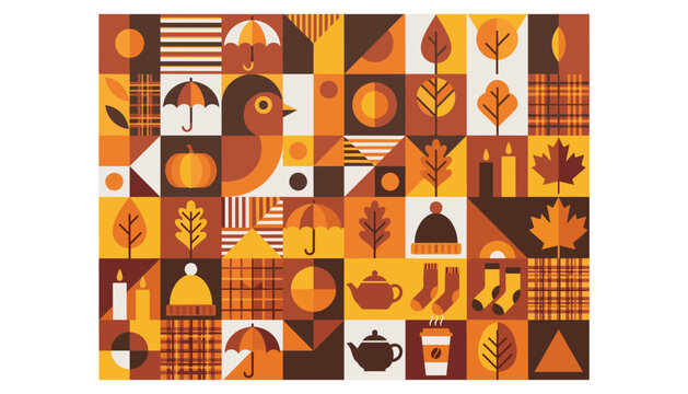 Autumn seamless pattern vector background featuring geometric grid with mosaic birds pumpkins maple leaves umbrellas and warm winter clothes