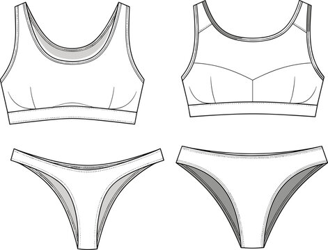 Bikini set CAD flat sketch, vector fashion illustration, front and back views, swimwear design template, women's two-piece swimsuit drawing